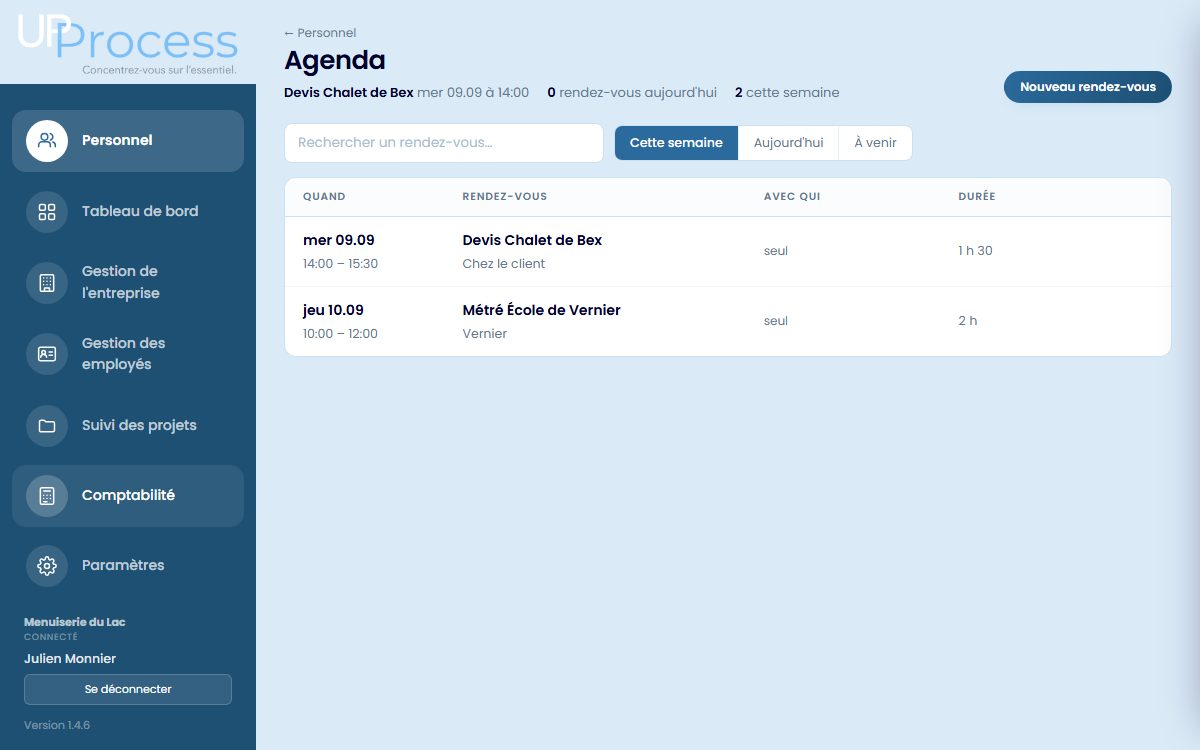 Agenda de la semaine avec les rendez-vous et les ressources réservées