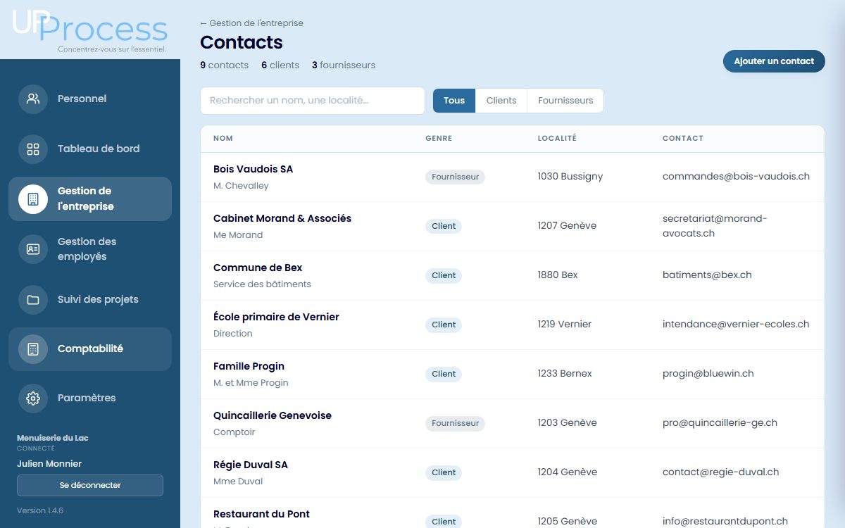 Contacts : clients, fournisseurs et partenaires, avec leur localité