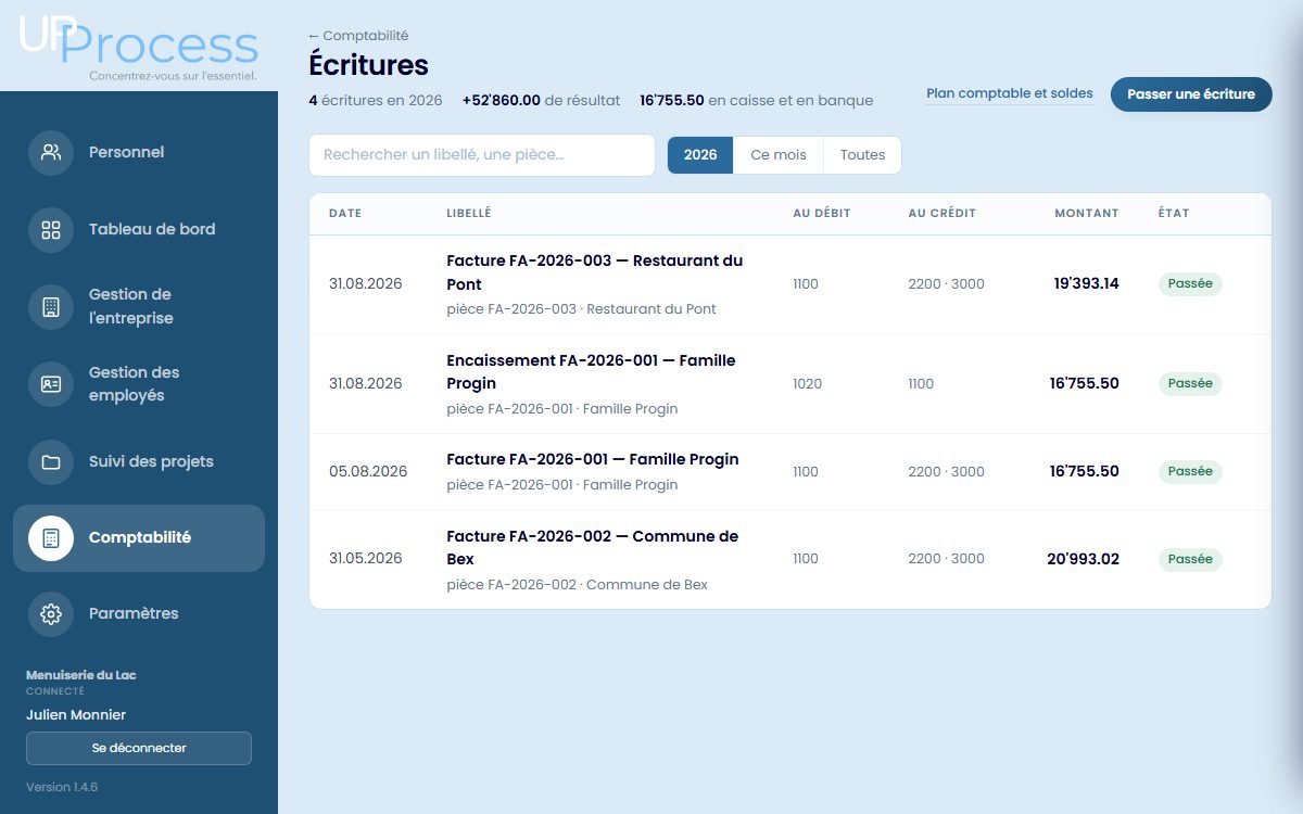 Comptabilité : produits, charges, résultat du mois et journal des mouvements
