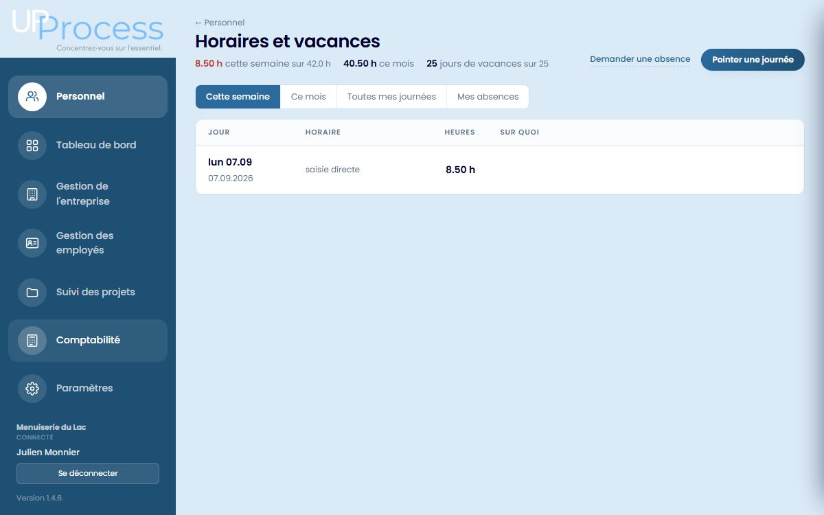 Registre des heures de travail de l'équipe