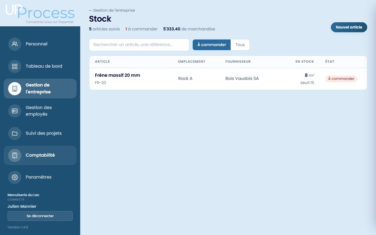 Stock des articles, quantités et seuils de réapprovisionnement