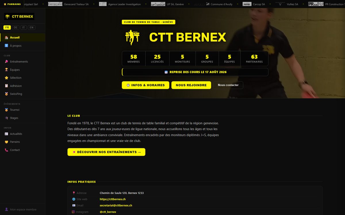 Page d'accueil du site public du CTT Bernex