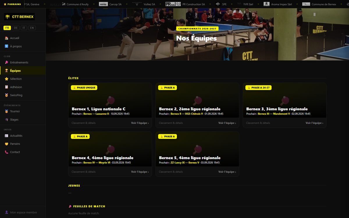 Page des équipes et du championnat sur le site du club