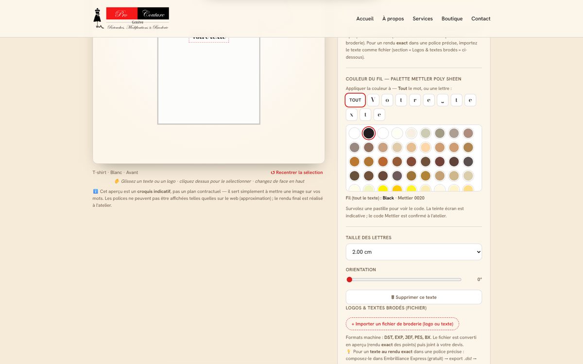 Palette de fils Mettler et réglages de police et de taille