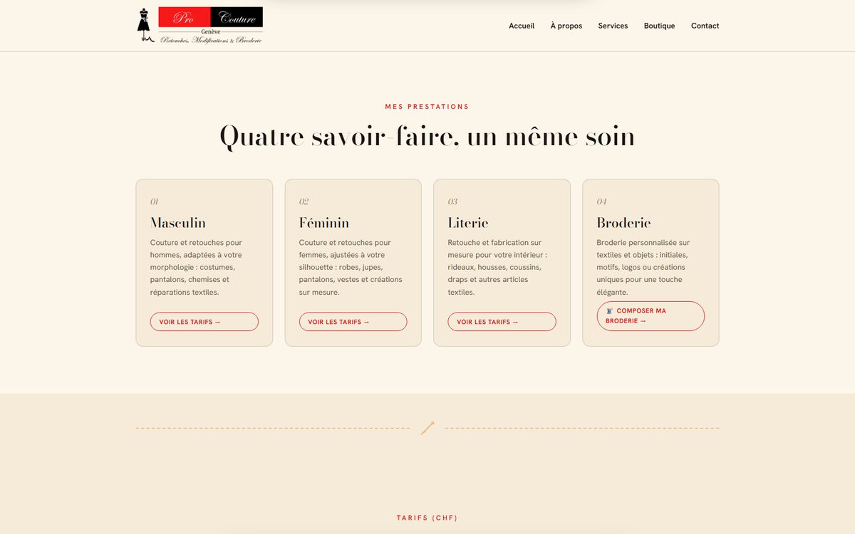 Page des prestations de couture