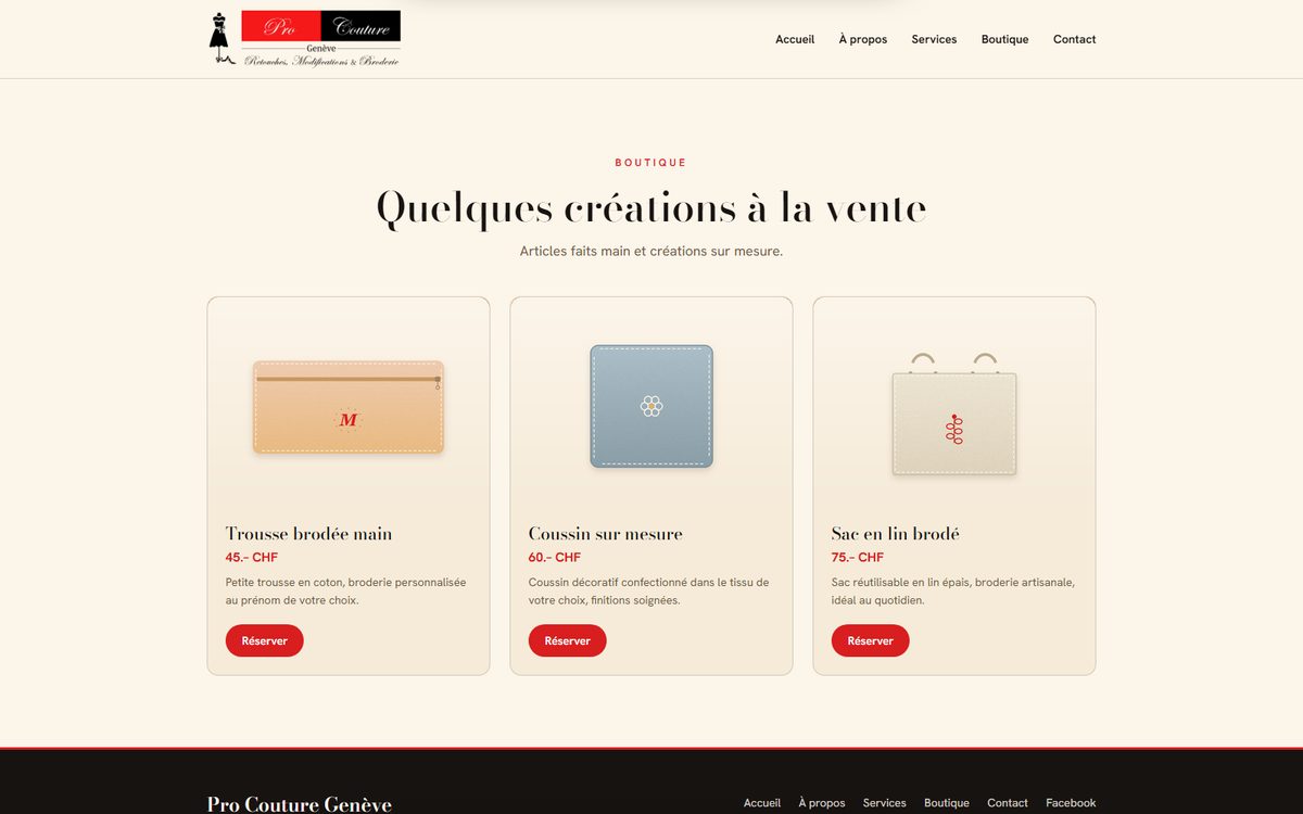 Page boutique du site